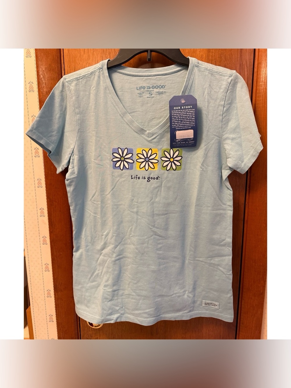 Life Is Good Light Blue V-Neck Tee with Daisy Squares